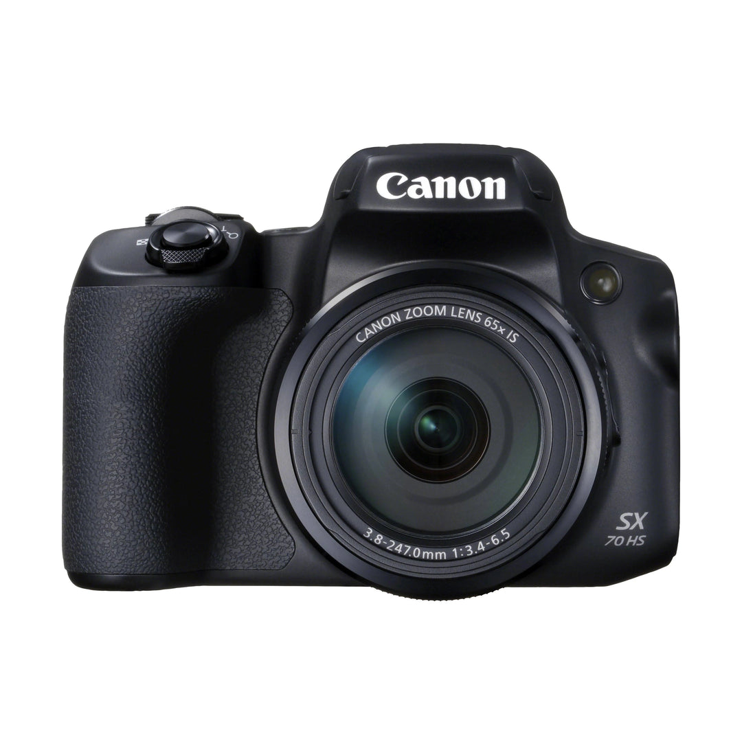 Front view black Canon PowerShot SX70 HS with 65x optical zoom lens and pebbled grip from ClubCamera.com