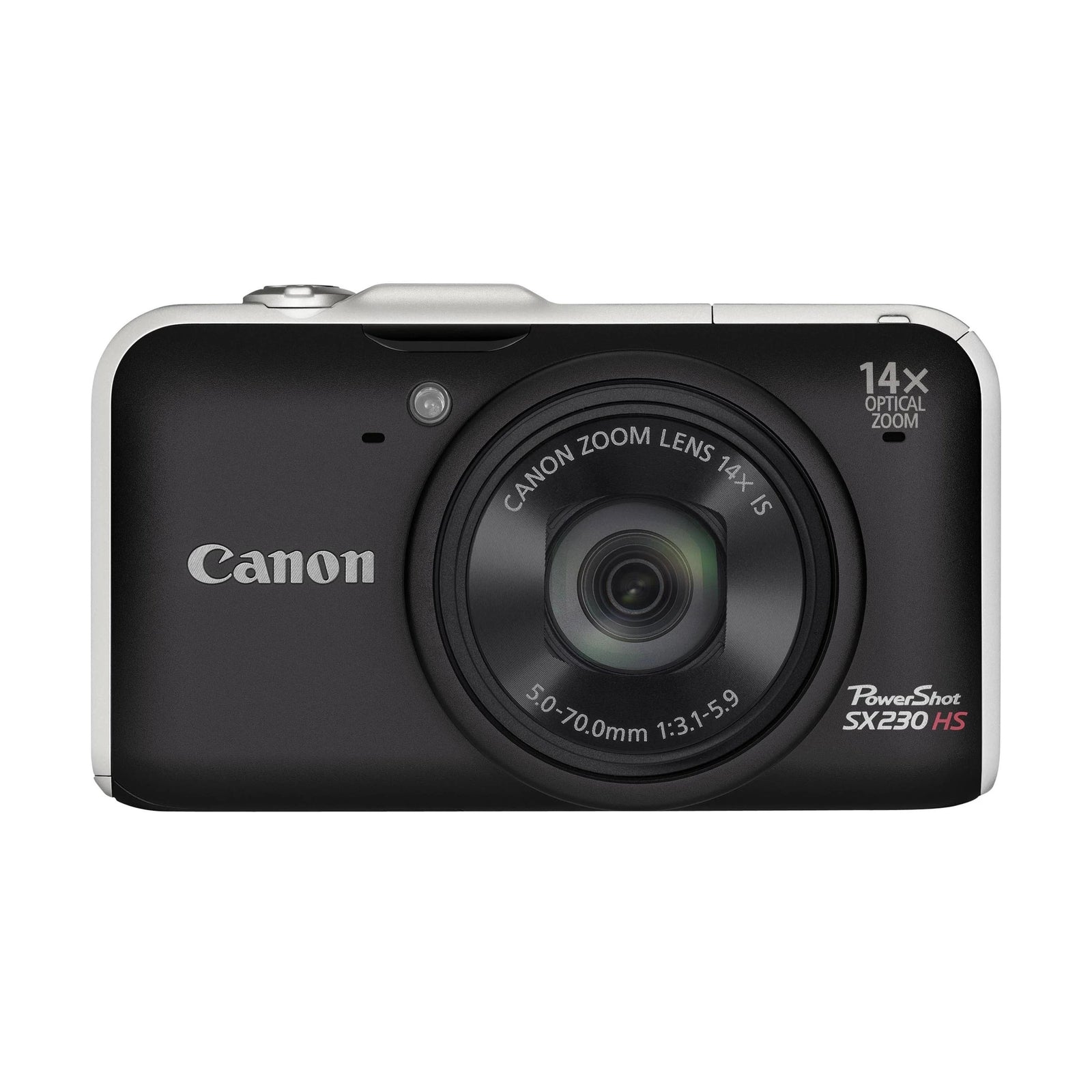 ClubCamera.com front shot of black Canon PowerShot SX230 HS highlighting 14x optical zoom lens
