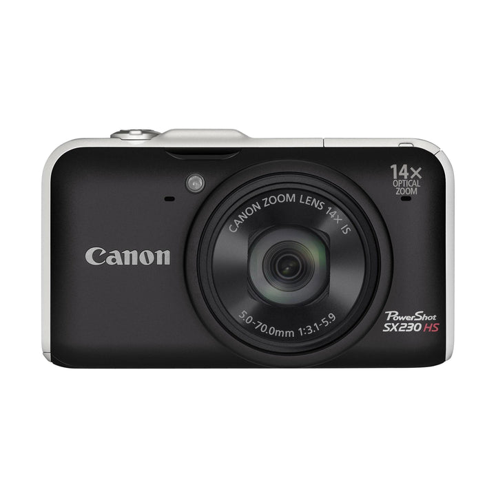 ClubCamera.com front shot of black Canon PowerShot SX230 HS highlighting 14x optical zoom lens