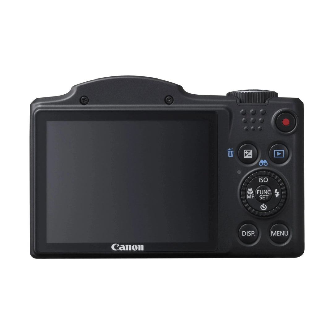 Back view of black Canon PowerShot SX500 IS digital camera with 3-inch LCD and control buttons at ClubCamera.com