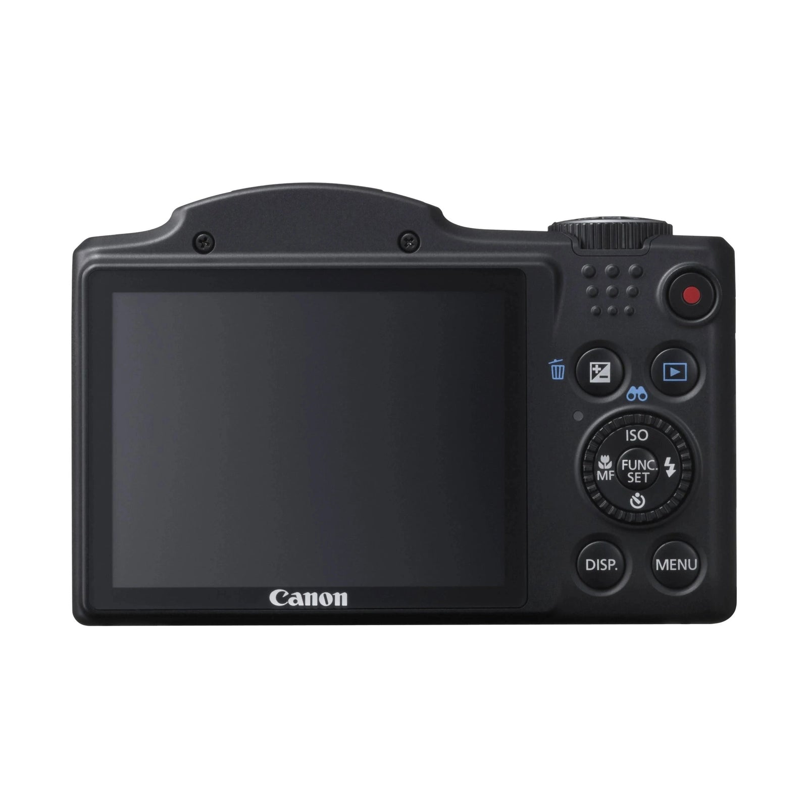 Back view of black Canon PowerShot SX500 IS digital camera with 3-inch LCD and control buttons at ClubCamera.com