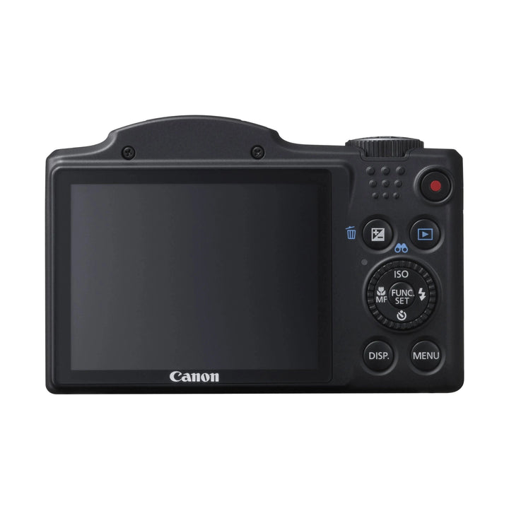 Back view of black Canon PowerShot SX500 IS digital camera with 3-inch LCD and control buttons at ClubCamera.com