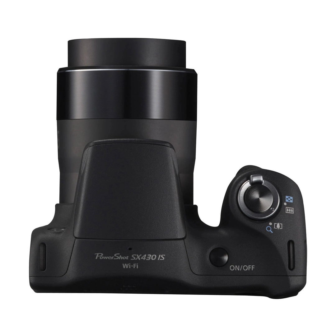 ClubCamera.com black Canon PowerShot SX430 IS top view with textured grip and silver mode dial