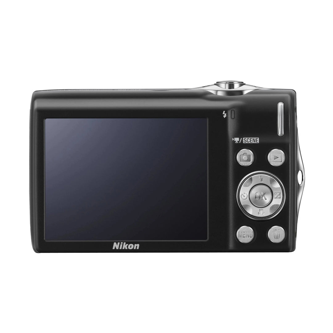 Black Nikon Coolpix S3000 compact digital camera rear view with silver control dial and button layout at ClubCamera.com