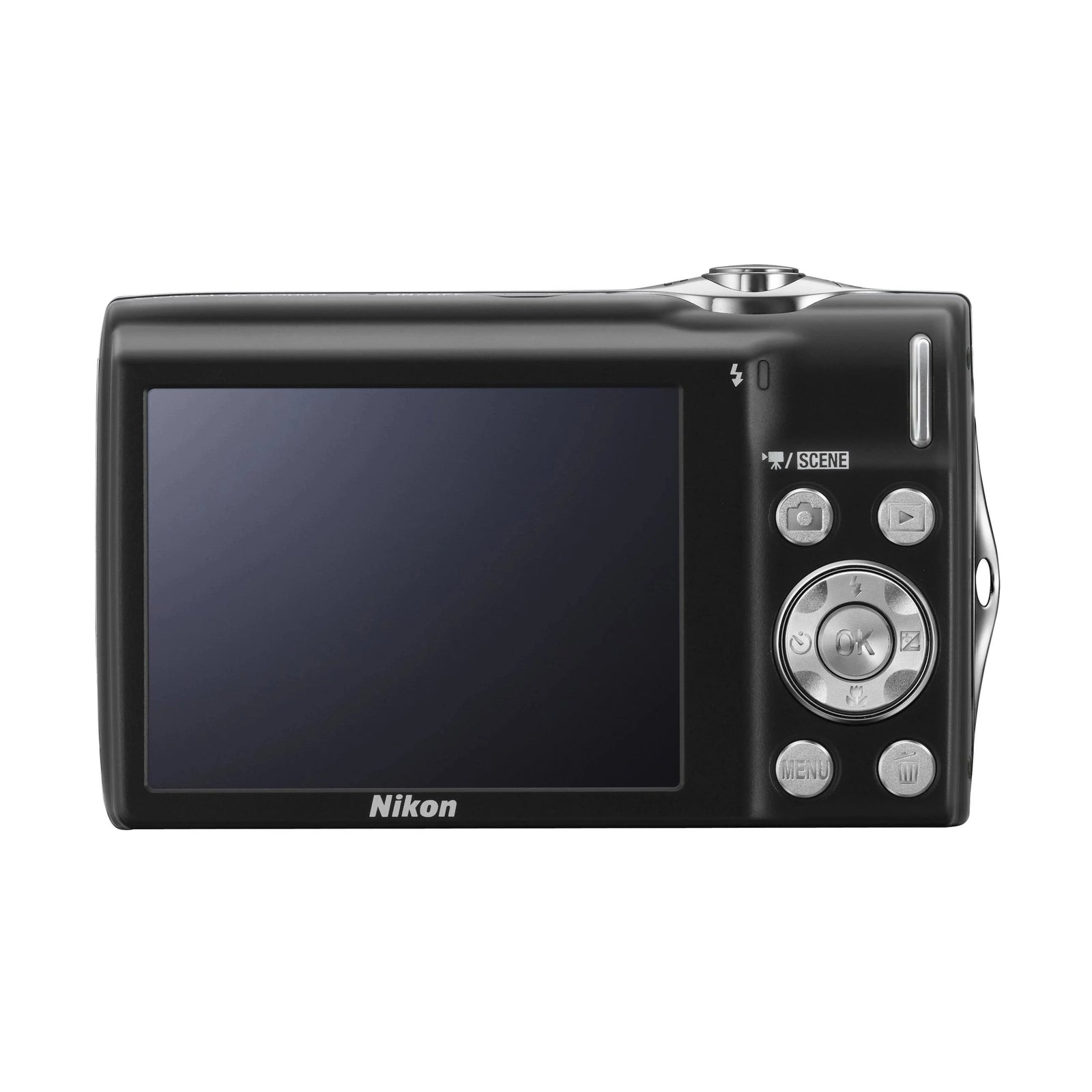 Black Nikon Coolpix S3000 compact digital camera rear view with silver control dial and button layout at ClubCamera.com