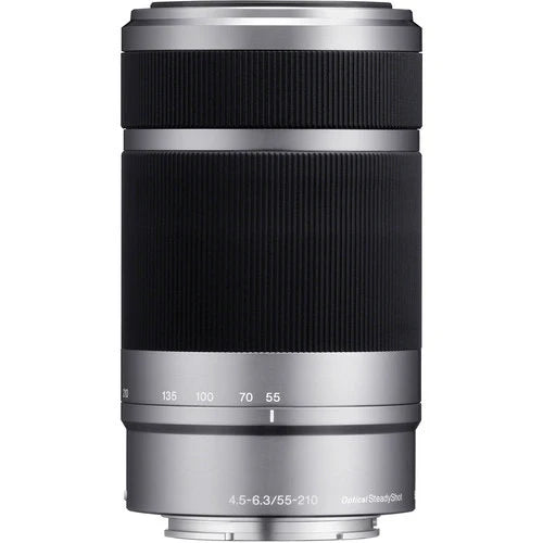 ClubCamera.com silver and black Sony E 55-210mm telephoto zoom lens with ribbed focus rings and Optical SteadyShot