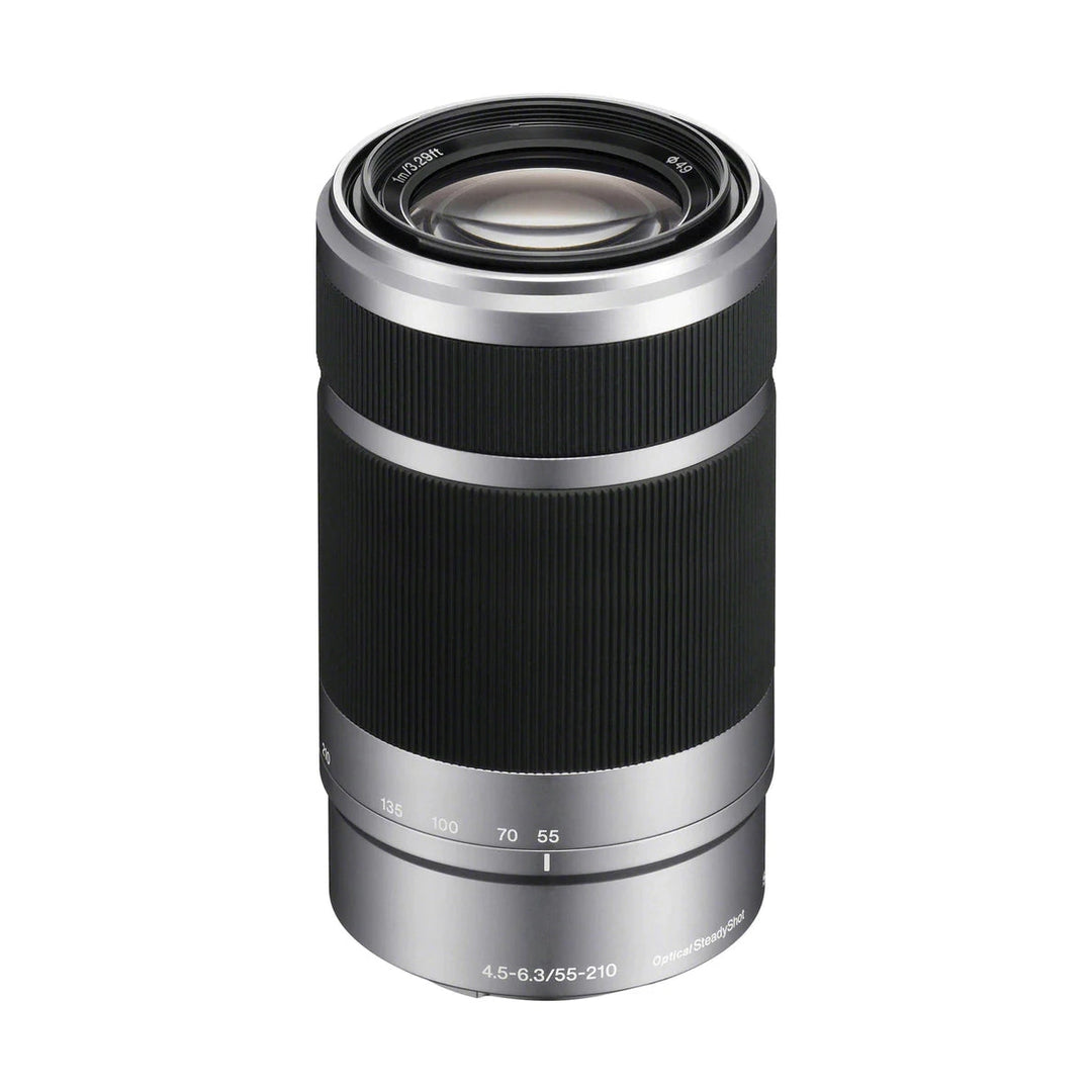 ClubCamera.com Sony E 55-210mm f/4.5-6.3 OSS mirrorless lens three-quarter view showing textured grip and focal length markings