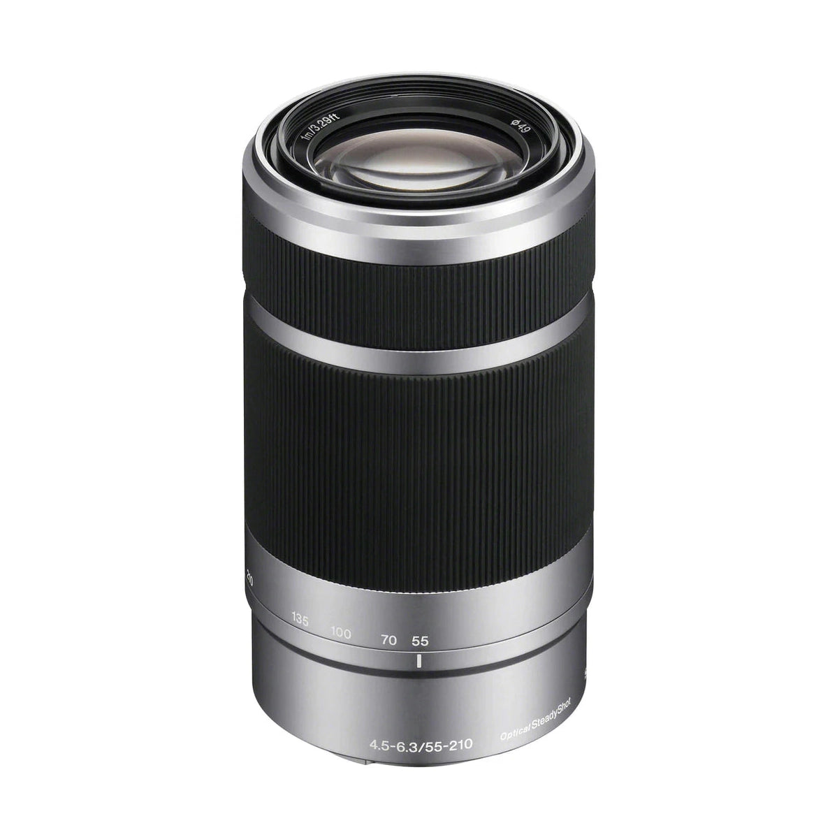 ClubCamera.com Sony E 55-210mm f/4.5-6.3 OSS mirrorless lens three-quarter view showing textured grip and focal length markings