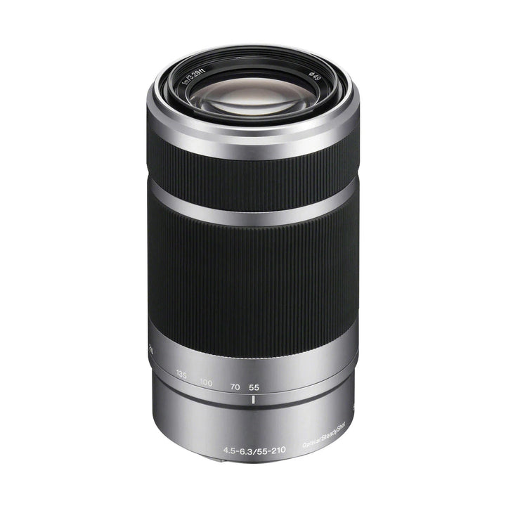 ClubCamera.com Sony E 55-210mm f/4.5-6.3 OSS mirrorless lens three-quarter view showing textured grip and focal length markings