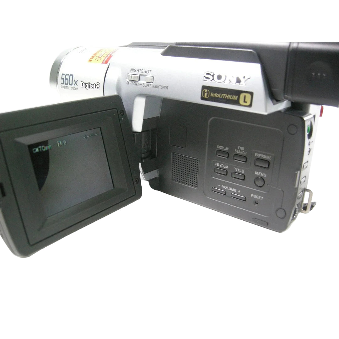 ClubCamera.com Sony DCR-TRV130 camcorder rear view with flipped out 2.5-inch LCD screen displaying playback icons