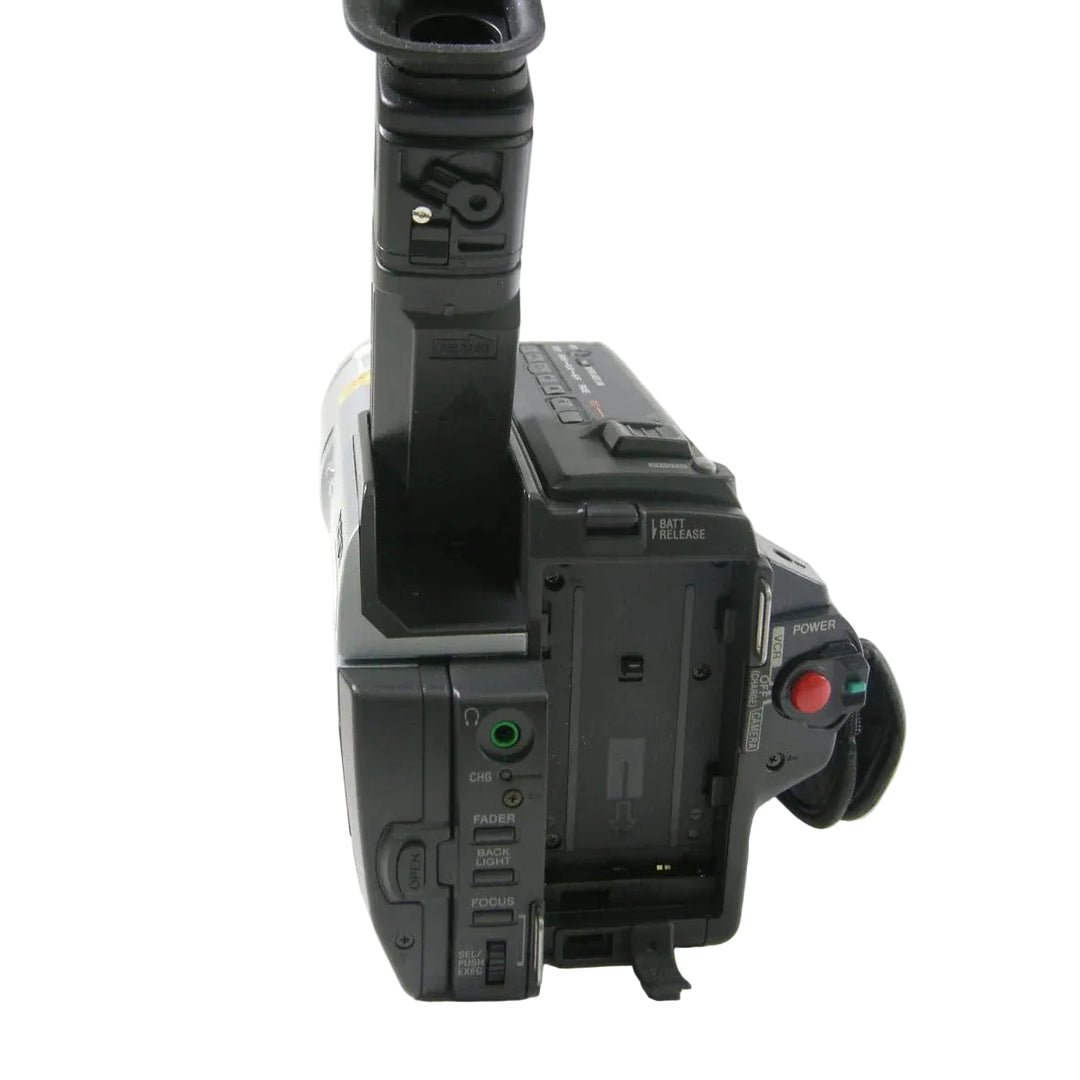 ClubCamera.com Sony DCR-TRV130 black Digital8 camcorder side rear view with open battery compartment and labeled controls