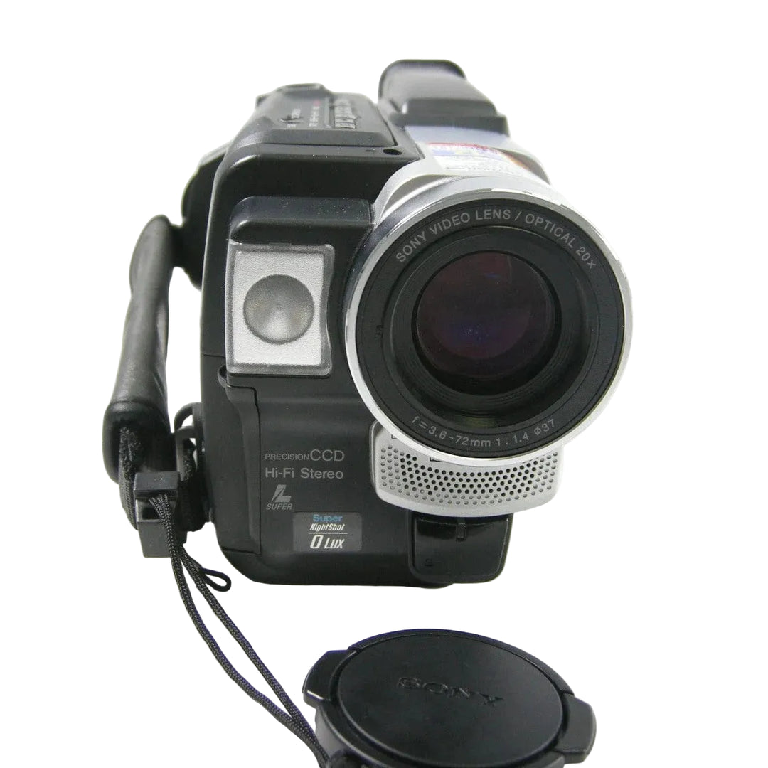 ClubCamera.com Sony DCR-TRV130 close-up of extended optical 20x video lens with separate cap and Super NightShot label