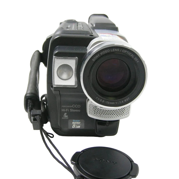 ClubCamera.com Sony DCR-TRV130 close-up of extended optical 20x video lens with separate cap and Super NightShot label