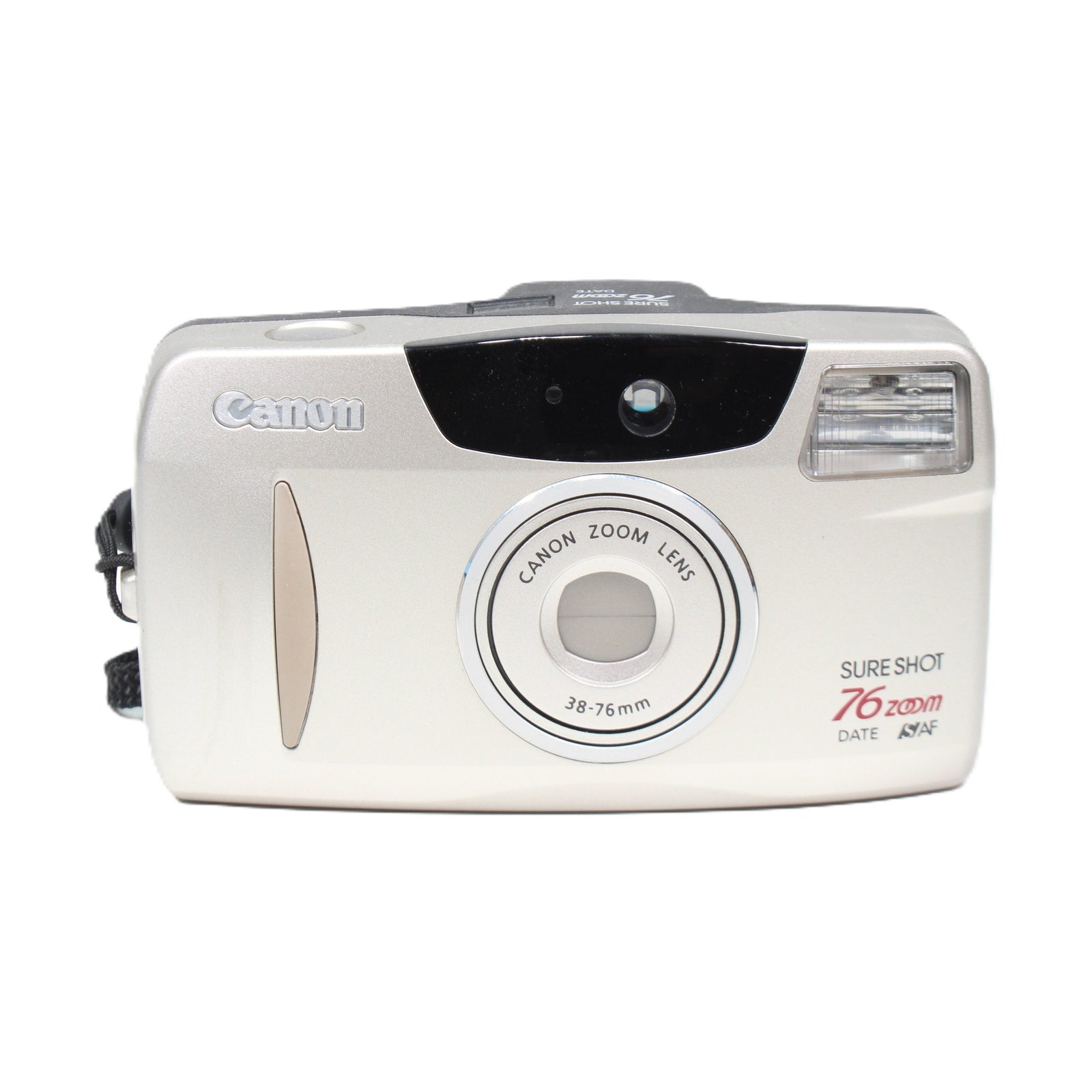 ClubCamera Canon Sure Shot 76 Zoom Date full front view silver body with braided wrist strap