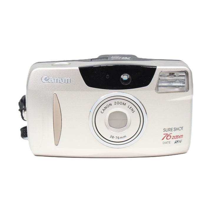 ClubCamera Canon Sure Shot 76 Zoom Date full front view silver body with braided wrist strap