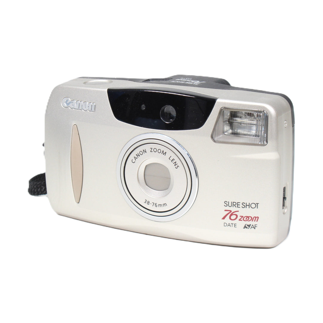 ClubCamera Canon Sure Shot 76 Zoom Date silver film camera front view with date imprint feature