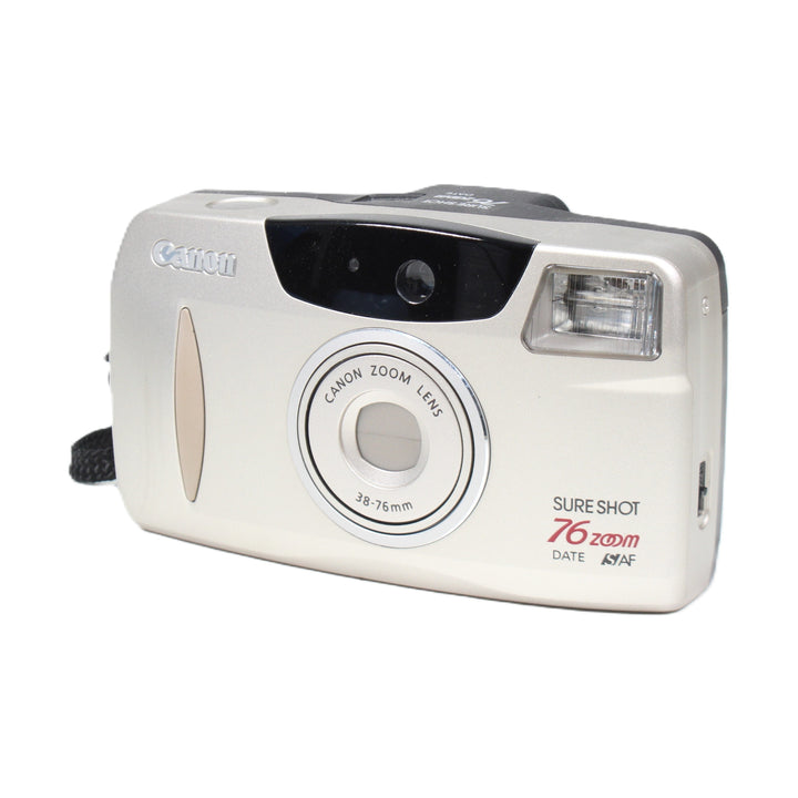 ClubCamera Canon Sure Shot 76 Zoom Date silver film camera front view with date imprint feature