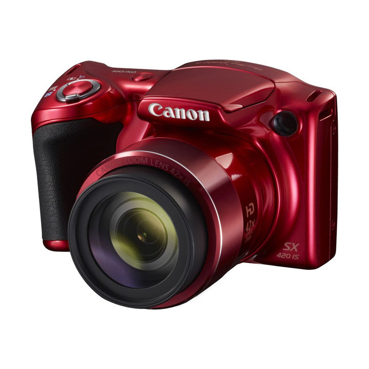 Three-quarter shot of red Canon SX420 IS digital camera ready for handheld use via ClubCamera.com