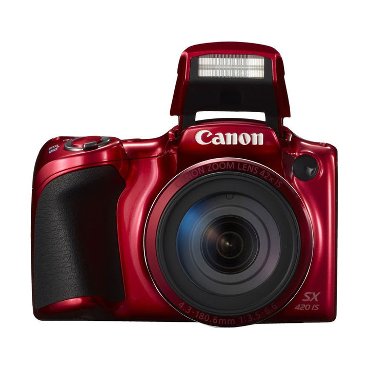 Canon SX420 Red digital camera with raised flash and 42x zoom lens by ClubCamera.com