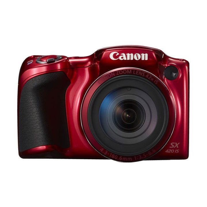 Front angle of glossy red Canon SX420 IS highlighting 42x optical zoom lens from ClubCamera.com