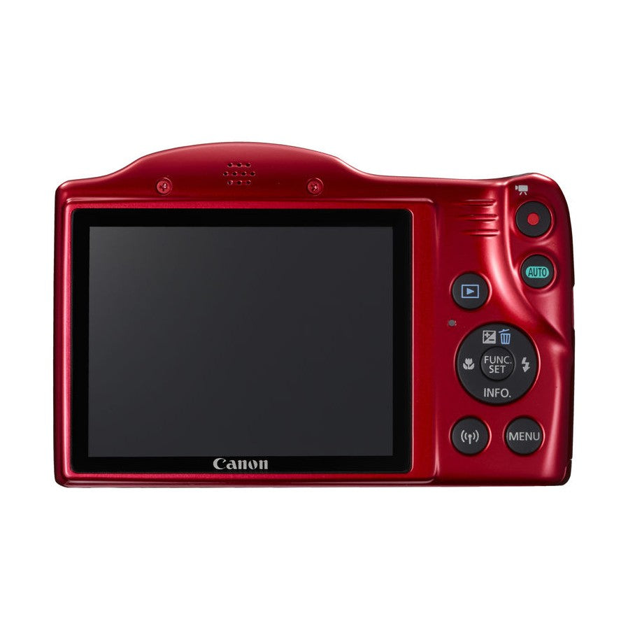 Rear view of red Canon PowerShot SX420 IS showing LCD screen and control buttons at ClubCamera.com