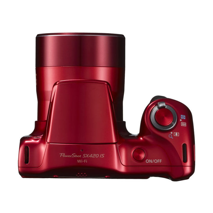 Top-down view of red Canon PowerShot SX420 IS Wi-Fi showing power dial and textured grip at ClubCamera.com