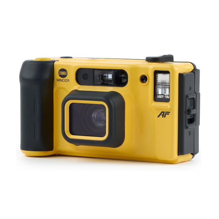 Minolta Weathermatic Dual 35 yellow and black waterproof film camera front view at ClubCamera.com