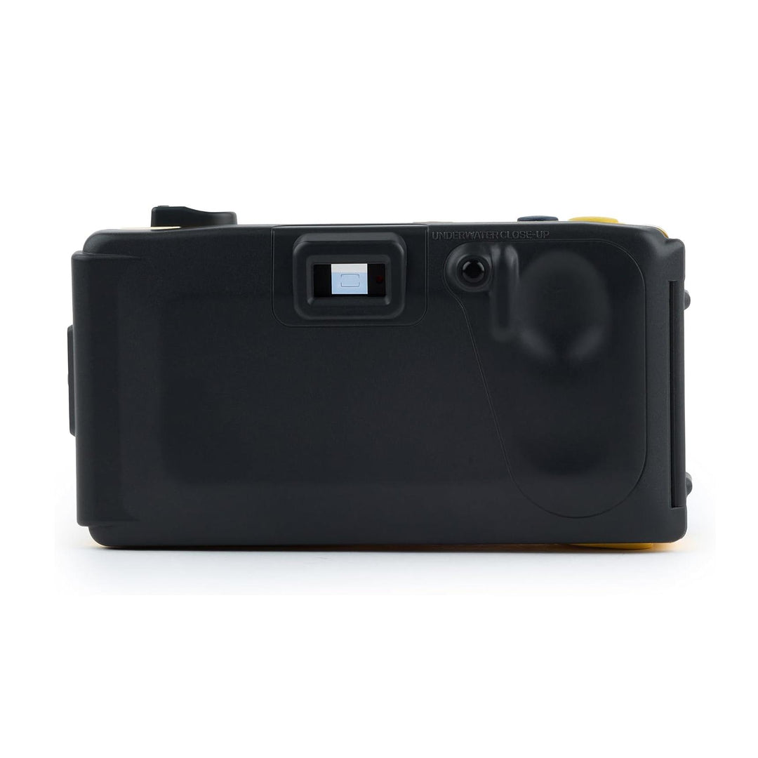 Rear view of black Minolta Weathermatic back panel showing UNDERWATER CLOSE-UP text and viewfinder at ClubCamera.com
