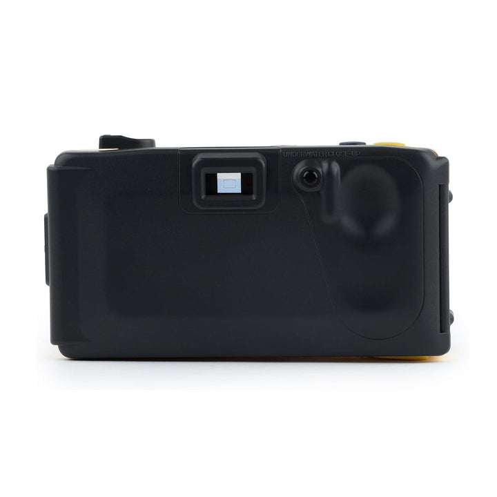Rear view of black Minolta Weathermatic back panel showing UNDERWATER CLOSE-UP text and viewfinder at ClubCamera.com