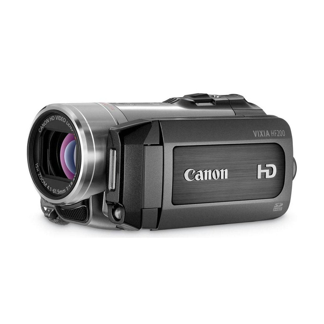 ClubCamera.com Canon VIXIA HF200 front view highlighting silver lens barrel, 15x zoom specs, and HD emblem on black body